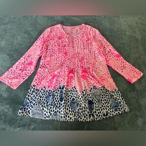 Lilly Pulitzer Marilina Tunic Blouse Flowy Top Size XS Tropical Tassel Pink Blue